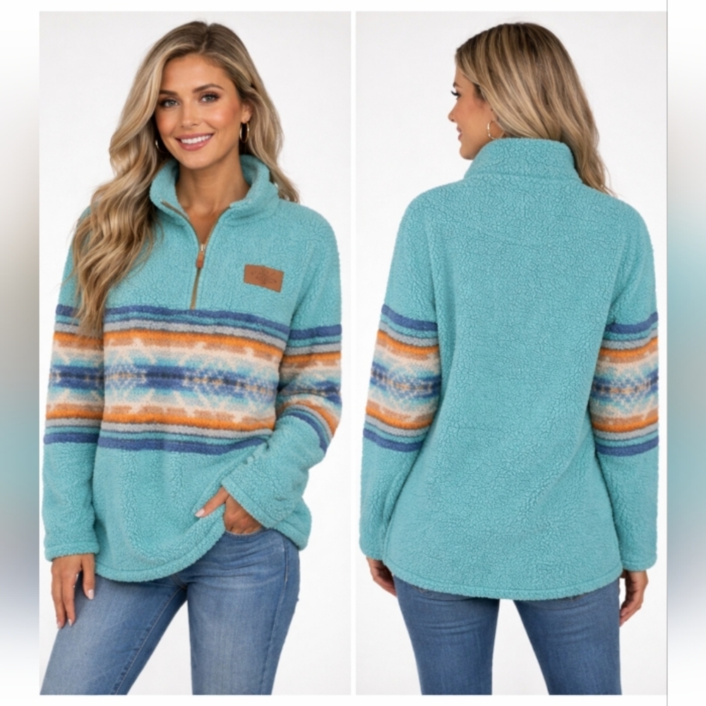 southern fried chics sherpa quarter zip western aztec pullover jacket  xl